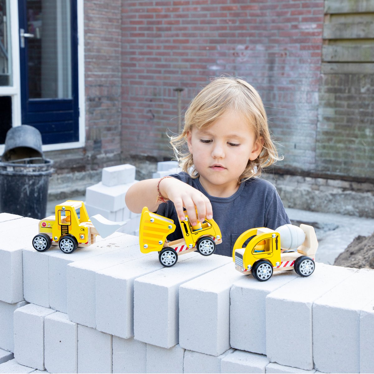 Houten bouwvoertuigen set