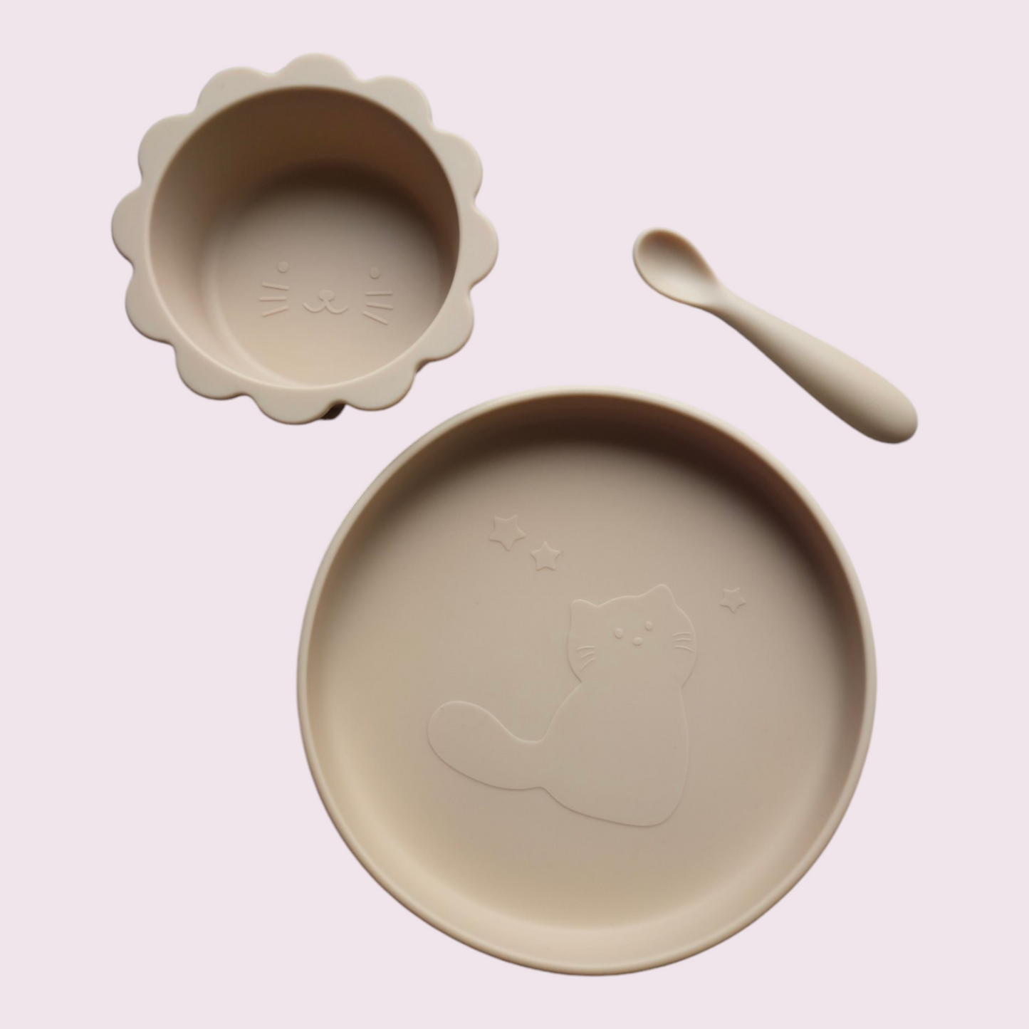 Siliconen kinderservies set kat | Met zuignap | Met kom en lepel | Beige