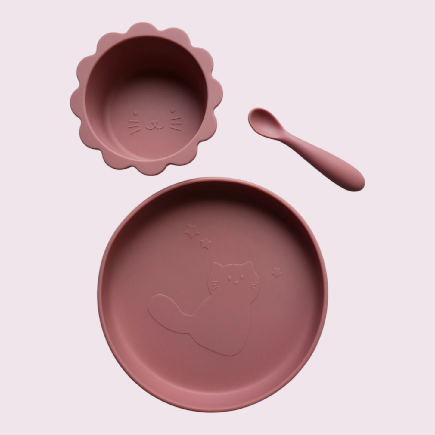 Siliconen kinderservies set kat | Met zuignap | Met kom en lepel | Donkerroze